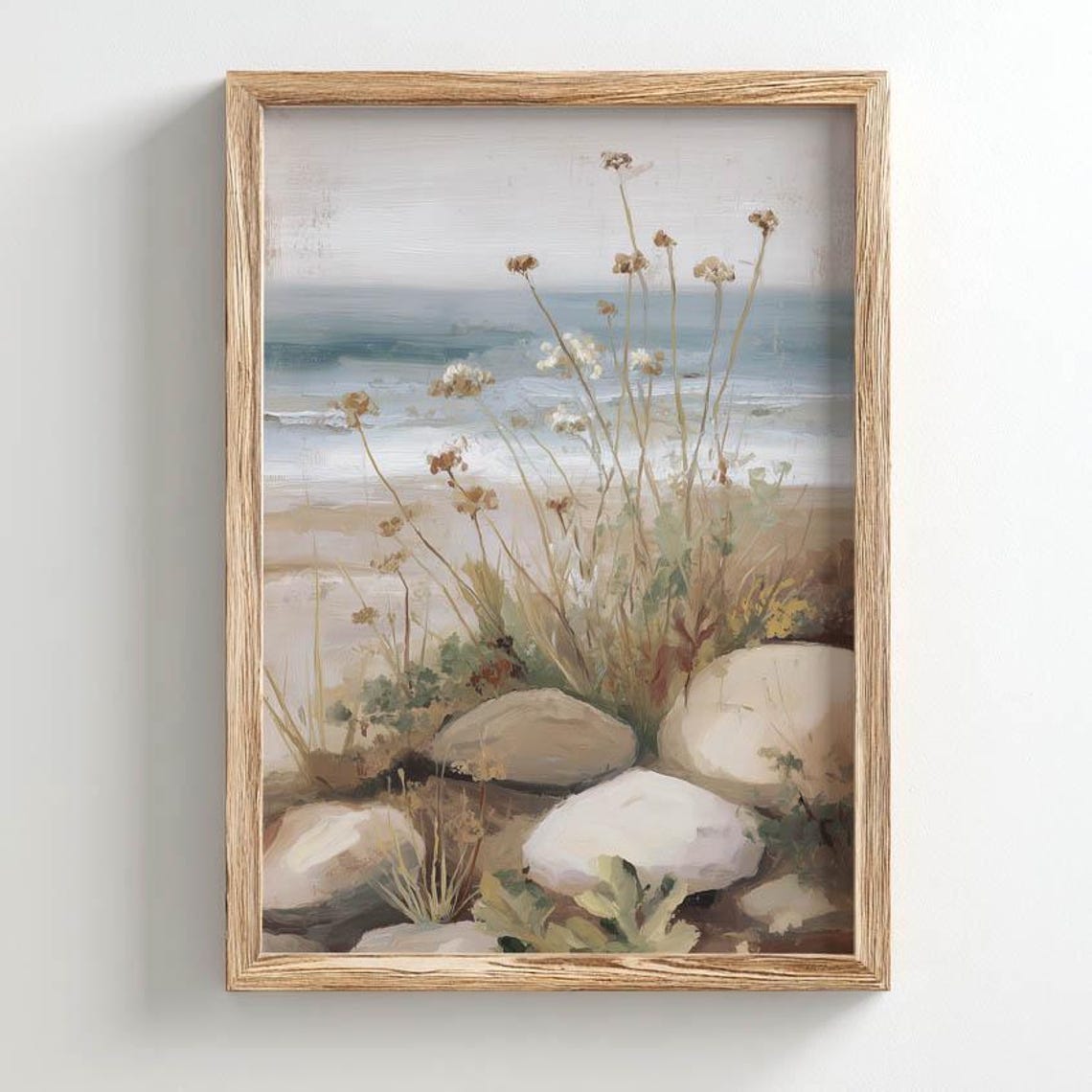 Dried Wildflowers Sea Rocks Serene Coastal Art Landscape Poster