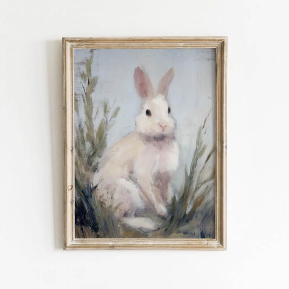Muted Cream White Sitting Rabbit Printable Vintage Spring Wall Art Pale Blue Grass Decor Neutral Cottage Painting Digital Download 619