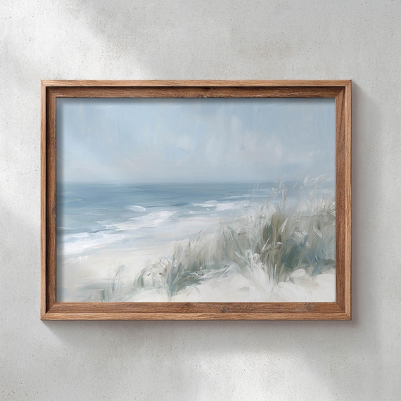 Printed Coastal Beach Landscape With Dune Grass Muted Ocean Waves Painting Serene Neutral Shoreline Wall Art Poster P739