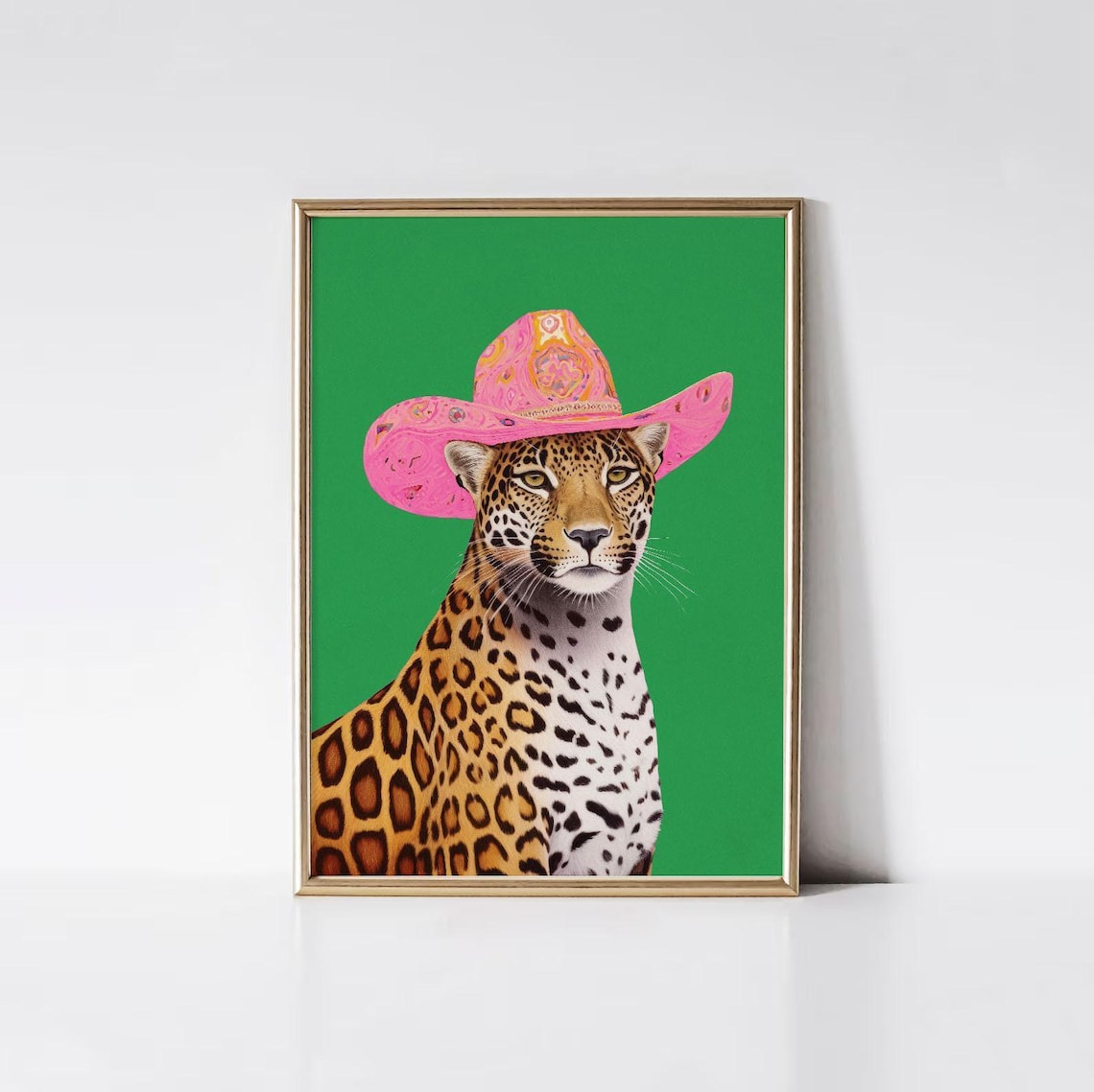 Leopard In Pink Cowboy Hat On Green Funny Animal Pop Art Poster