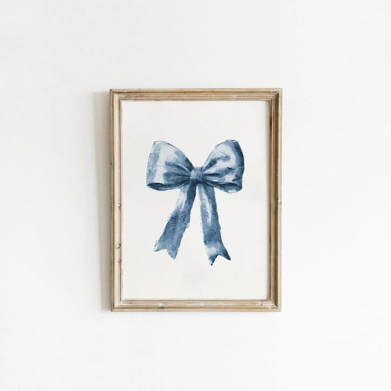 Navy Blue Bow Retro Painting Poster, Preppy Dorm Art Print