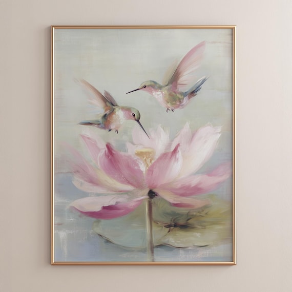 Two Hummingbirds at a Pink Lotus Soft Pastel Botanical Poster