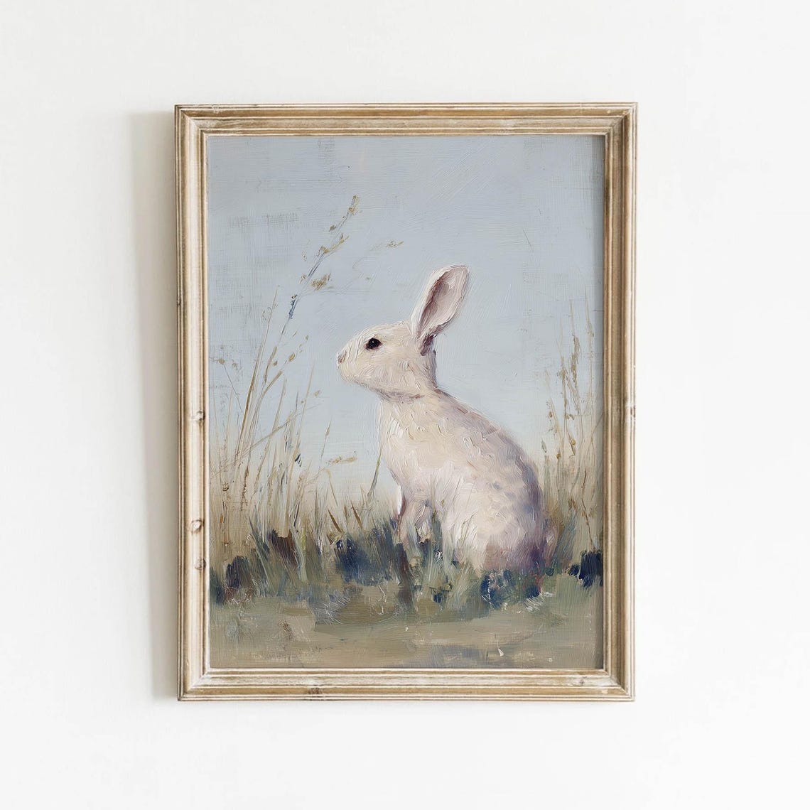 White Rabbit in Muted Meadow Dusty Blue Vintage Wildlife Art Print