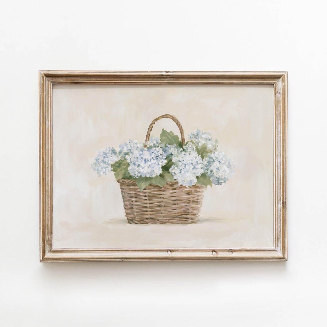 Blue Hydrangea Flowers Wicker Basket Vintage Cottage Floral Poster
