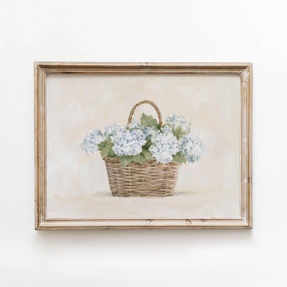 Blue Hydrangea Flowers Wicker Basket Vintage Cottage Floral Poster