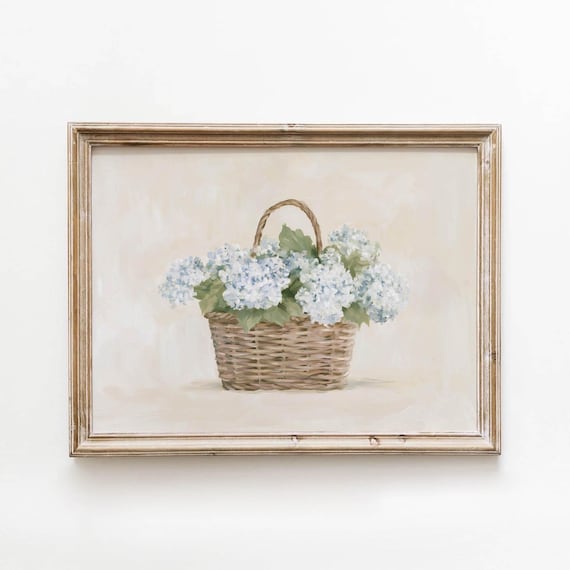 Printable Blue Hydrangea Flowers In Wicker Basket Vintage Cottage Wall Art Muted Floral Decor Neutral Bedroom Cream Background 663