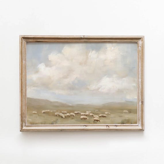Vintage Sheep Grazing Landscape Golden Meadow Printable Wall Art Rustic Farmhouse Decor Digital Download 554