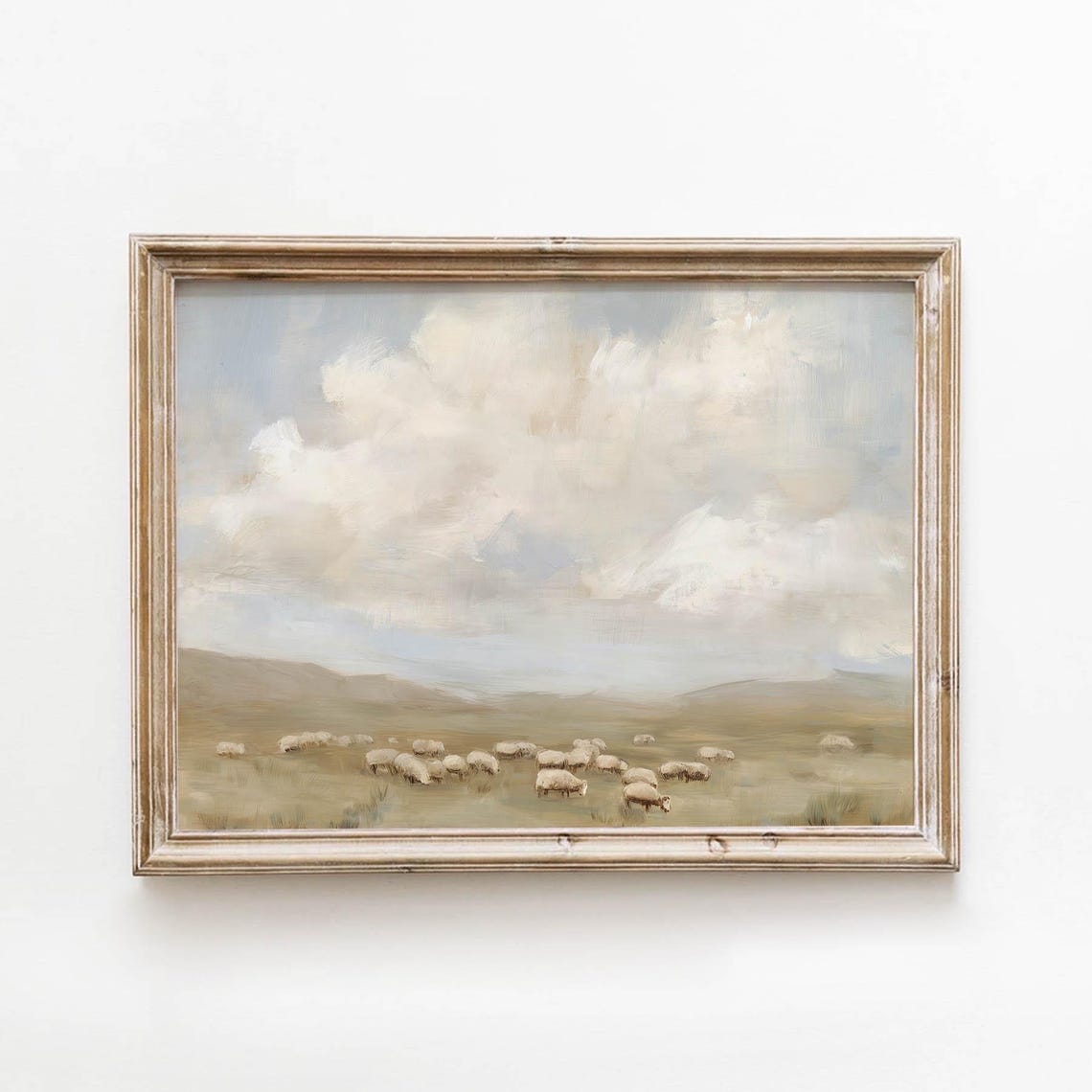 Vintage Sheep Flock Golden Meadow Cloudy Sky Rustic Art Poster