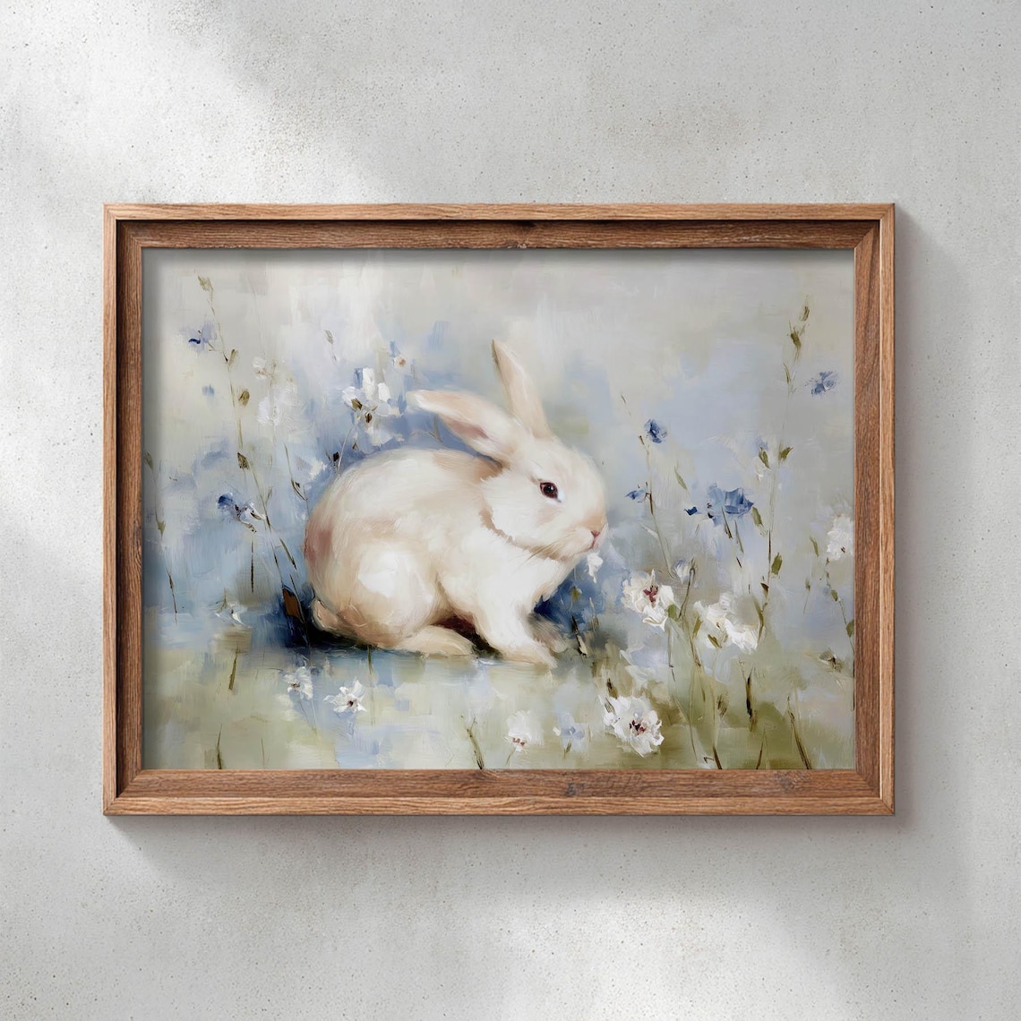 Cream White Rabbit Among Blue Wildflowers Vintage Meadow Art Print