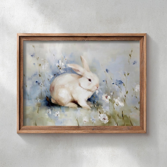 Cream White Rabbit Among Blue Wildflowers Vintage Meadow Art Print