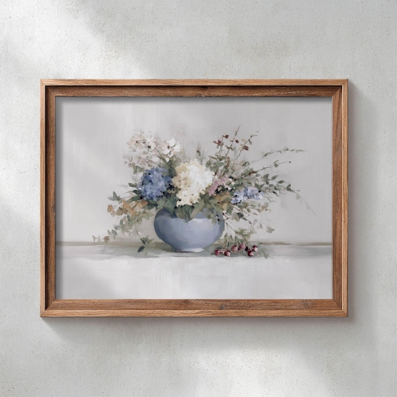 Printed Hydrangea Floral Still Life With Blue Ceramic Bowl Rustic Cottage Farmhouse Wall Art Vintage Watercolor Decor Poster P742