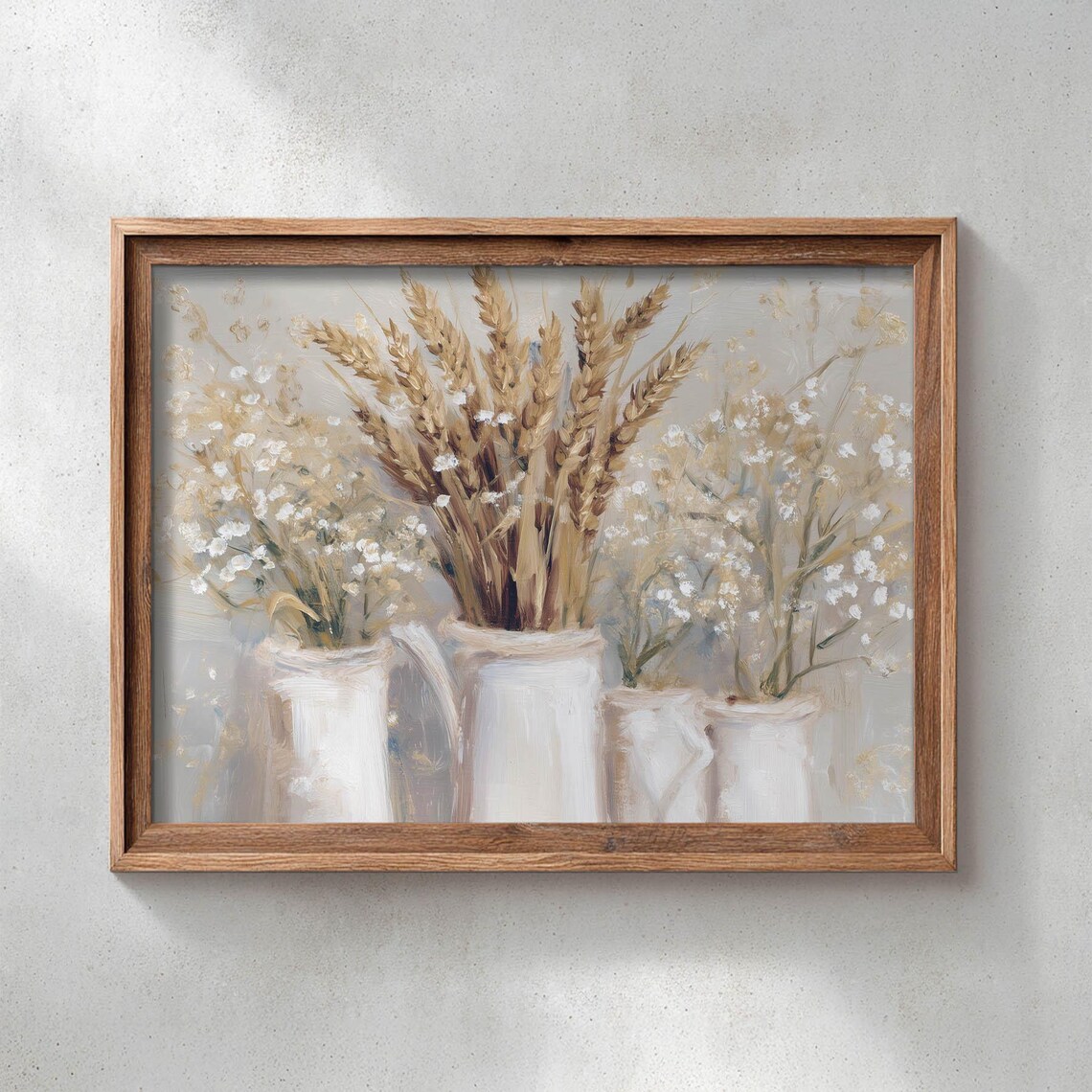 White Pitchers With Wheat Stalks And Wildflowers Neutral Still Life Poster
