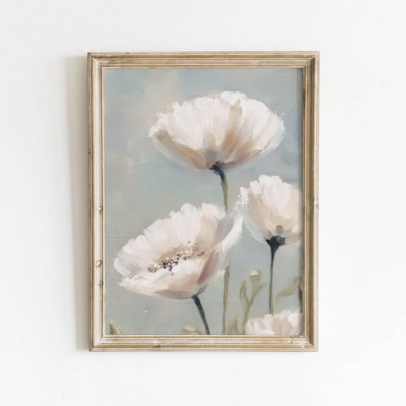 Dusty Blue Gray Poppy Blossoms Printable Vintage Floral Wall Art Muted White Pink Blooms Cottagecore Bedroom Decor Neutral Download 495