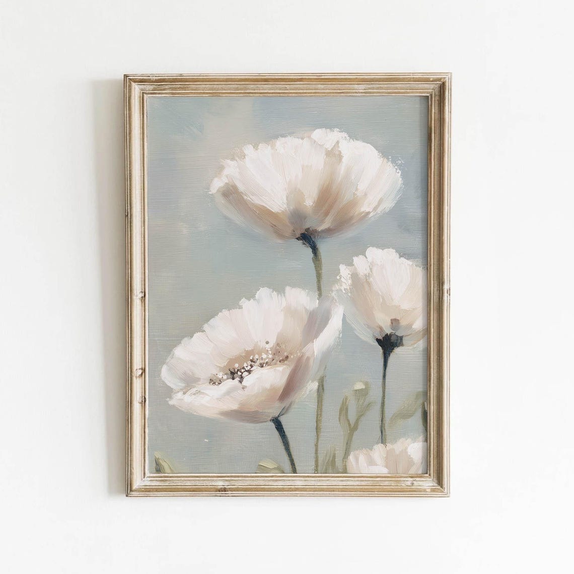 White Poppies On Soft Gray Vintage Muted Botanical Floral Wall Art