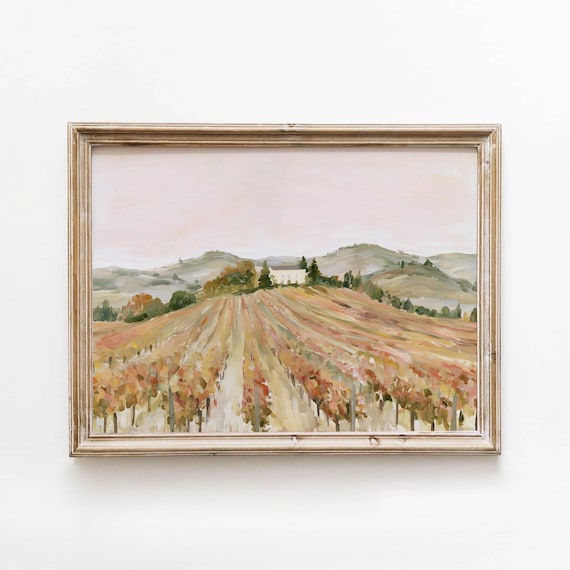 Autumn Vineyard Hills Farmhouse Harvest Landscape Painting Poster