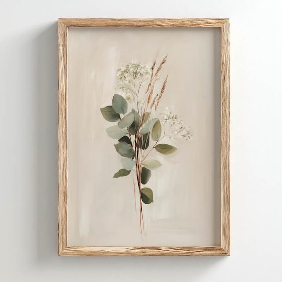 Printed Eucalyptus Wildflowers Bouquet Poster Neutral Beige Hues Minimalist Aesthetic Botanical Art Cottagecore Decor Delivered P387