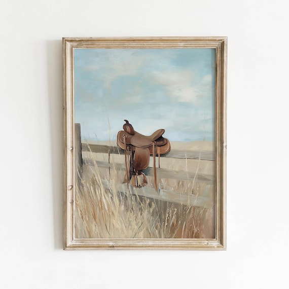 Western Saddle on Fence Rustic Cowboy Country Painting Print