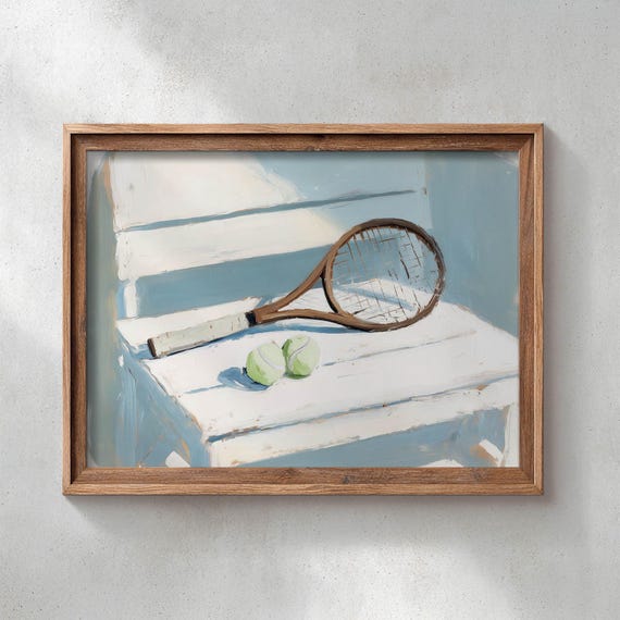 Vintage Wooden Tennis Racket And Balls On Bench Light Blue Poster