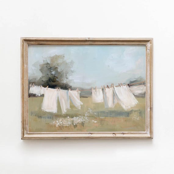 Vintage White Laundry Line Printable Rustic Meadow Wall Art Cottagecore Summer Decor Digital Download 606