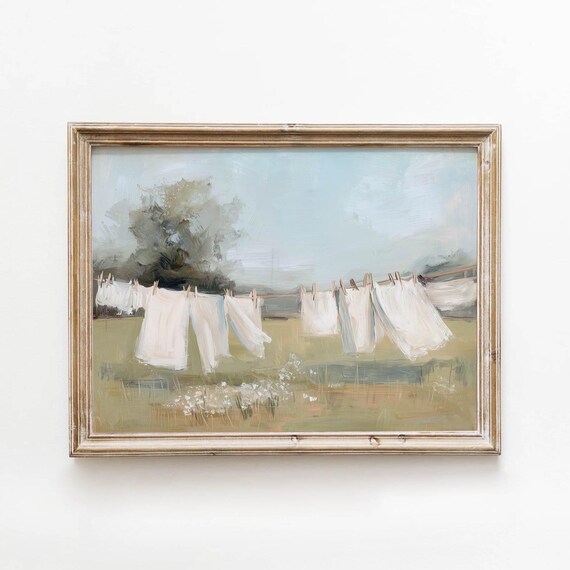 White Laundry Hanging on Clothesline Meadow Vintage Rustic Cottage Poster