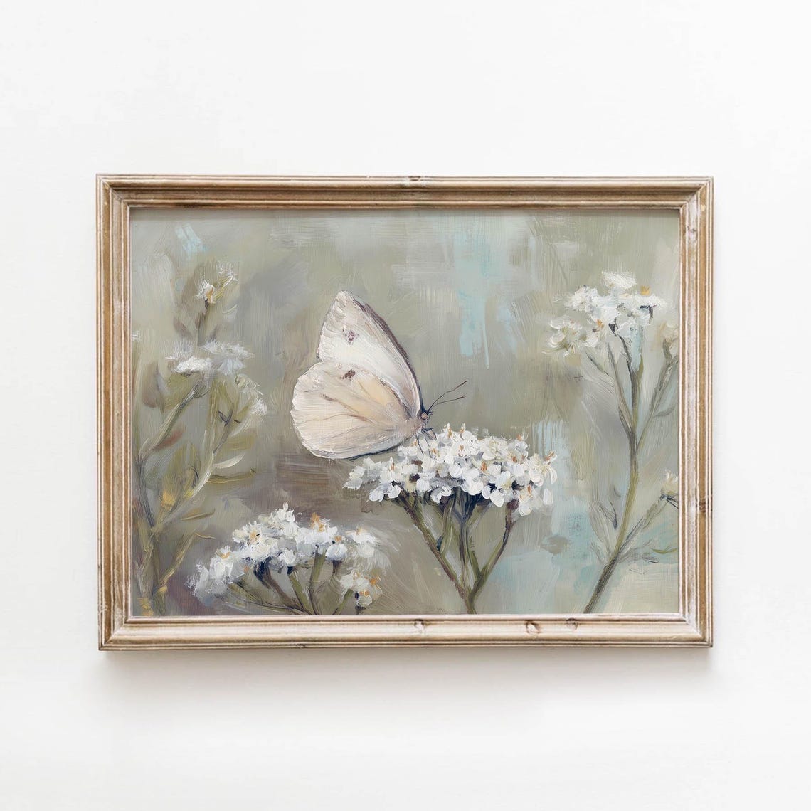 White Butterfly Resting on White Wildflowers Vintage Botanical Print