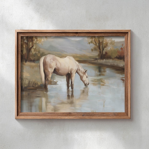 Printed Cream Horse Drinking River Rustic Landscape Poster Muted Tan Brown Blue Vintage Country Wall Art Oil Painting Style 0535