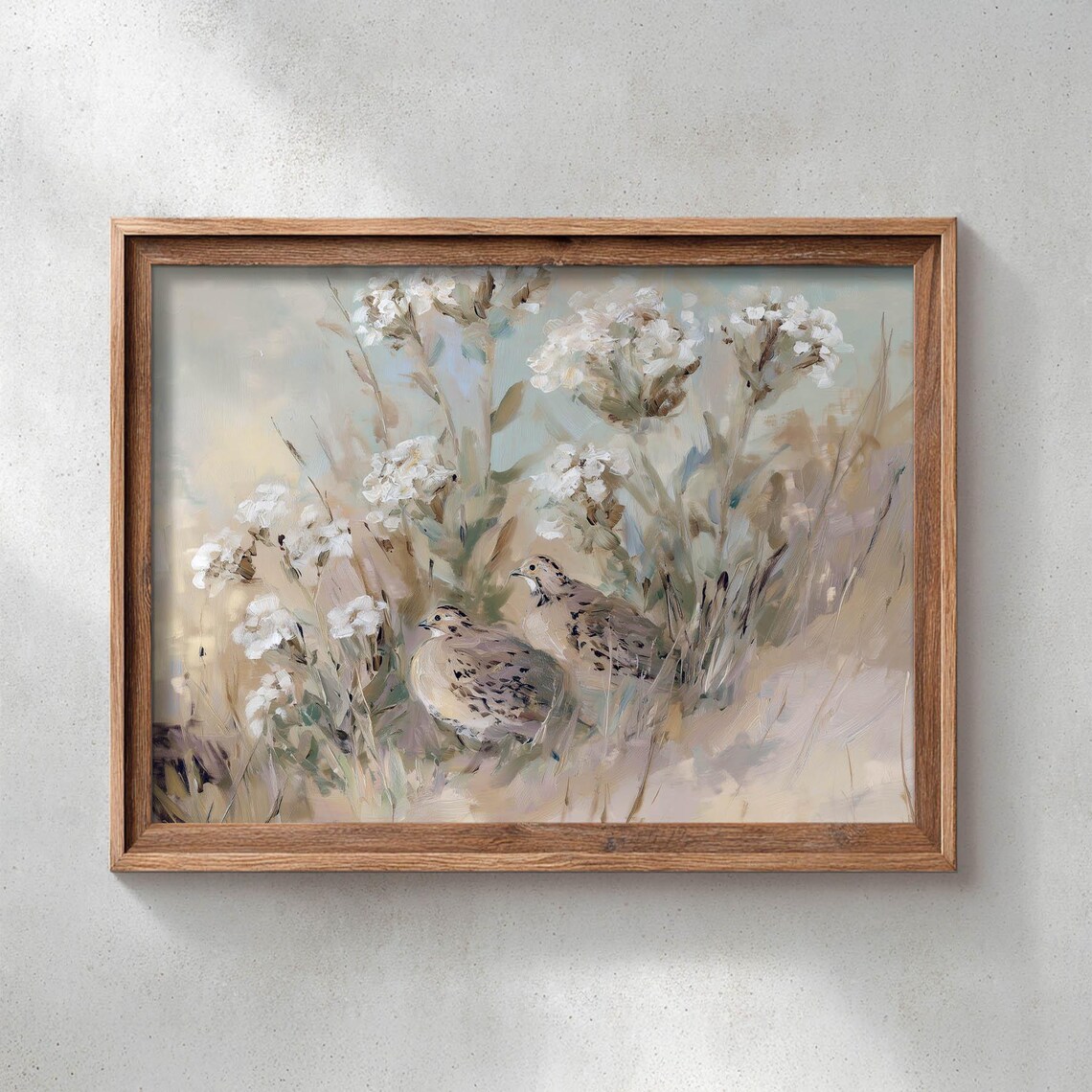 Quail Pair Among White Wildflowers Neutral Beige Taupe Meadow Poster