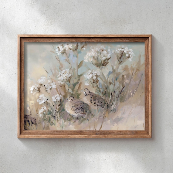 Quail Pair Among Wildflowers Neutral Poster Print Beige Taupe Sage Tones Cottagecore Nature Art Textured Meadow Scene Home Decor 0618