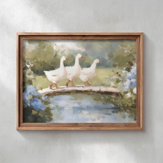 Printed Cottagecore Landscape Poster Geese Crossing Arched Bridge Farmhouse Wall Art Rustic Nature Print Muted Earthy Colors P248