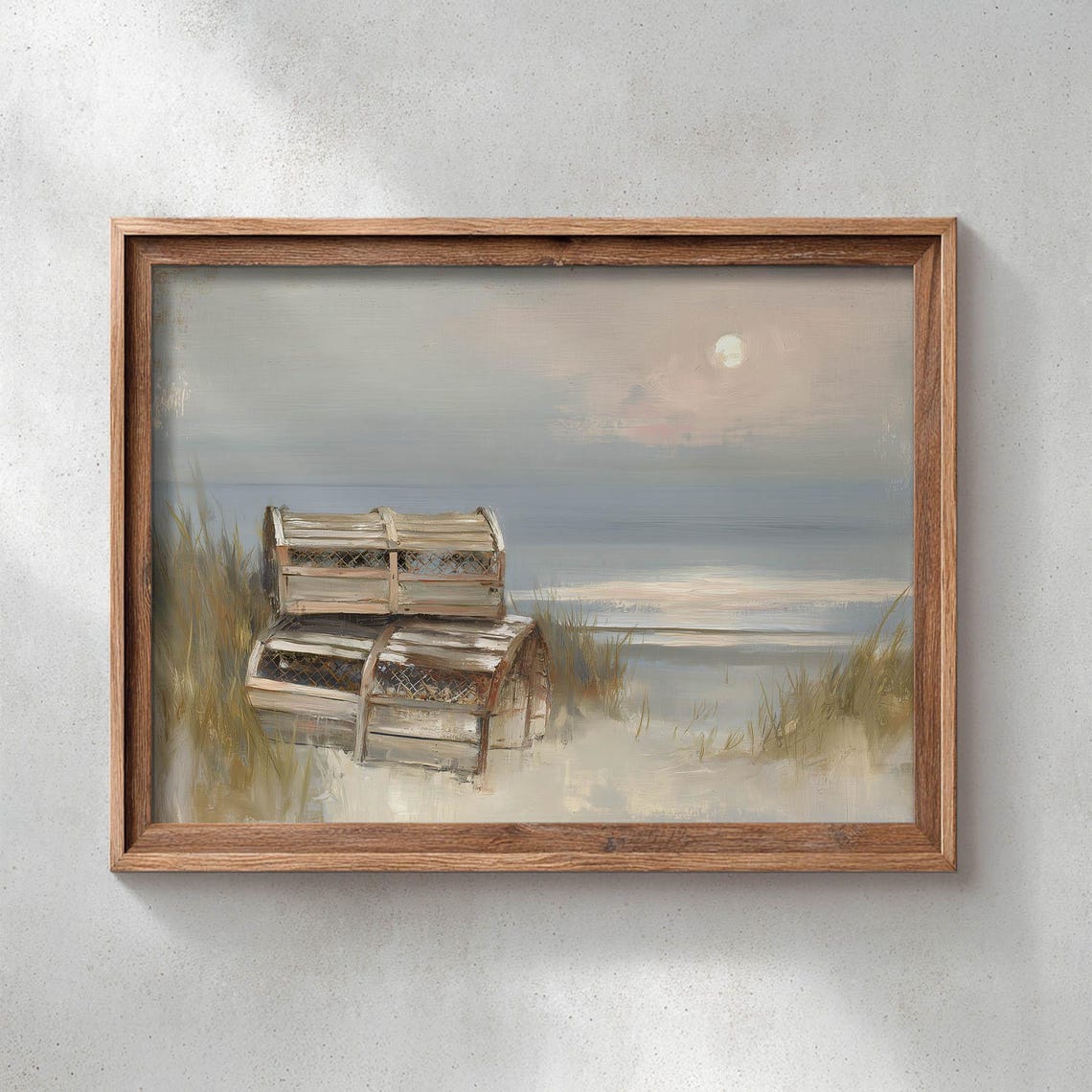Lobster Traps On Moody Beach Under Moonlight Vintage Nautical Wall Art