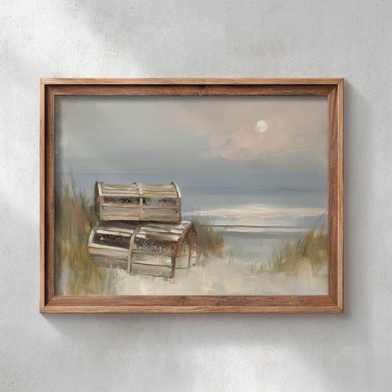 Printed Lobster Traps Coastal Beach Scene Moody Vintage Nautical Wall Art Neutral Farmhouse Decor Serene Landscape P410