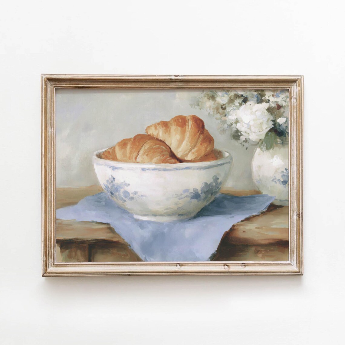 Golden Croissants In Blue Bowl, Vintage Kitchen Art Print