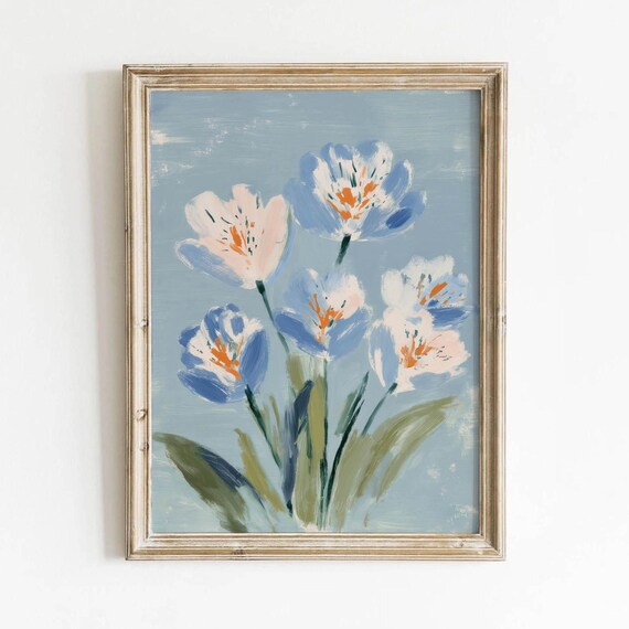 Blue and White Painterly Flowers on Dusty Blue Floral Art Poster