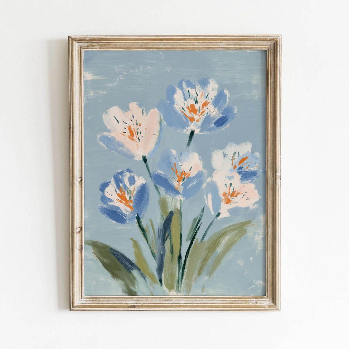 Blue and White Painterly Flowers on Dusty Blue Floral Art Poster
