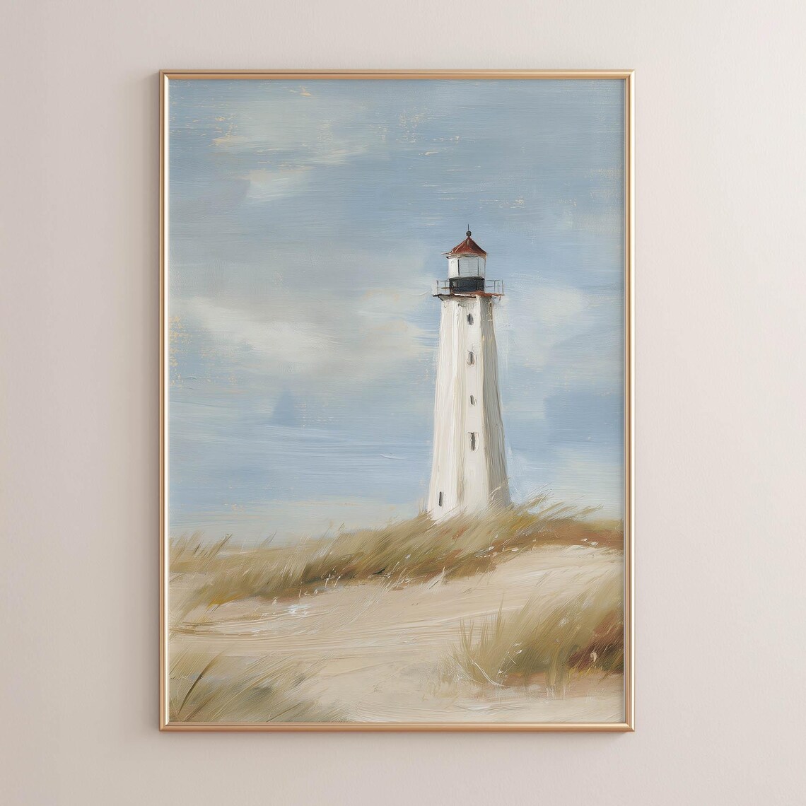 Printed Lighthouse on Sandy Dunes, Vintage Nautical Landscape
