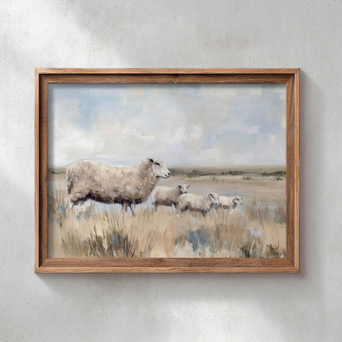 Ewe Mothers Two Lambs In Meadow, Poster Print