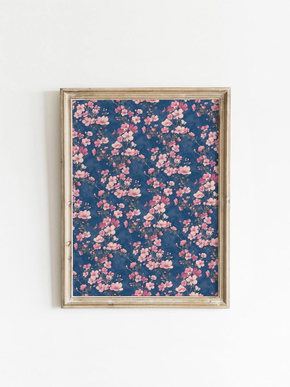 Navy Blue Pink Cherry Blossom Watercolor Floral Botanical Spring Wall Print