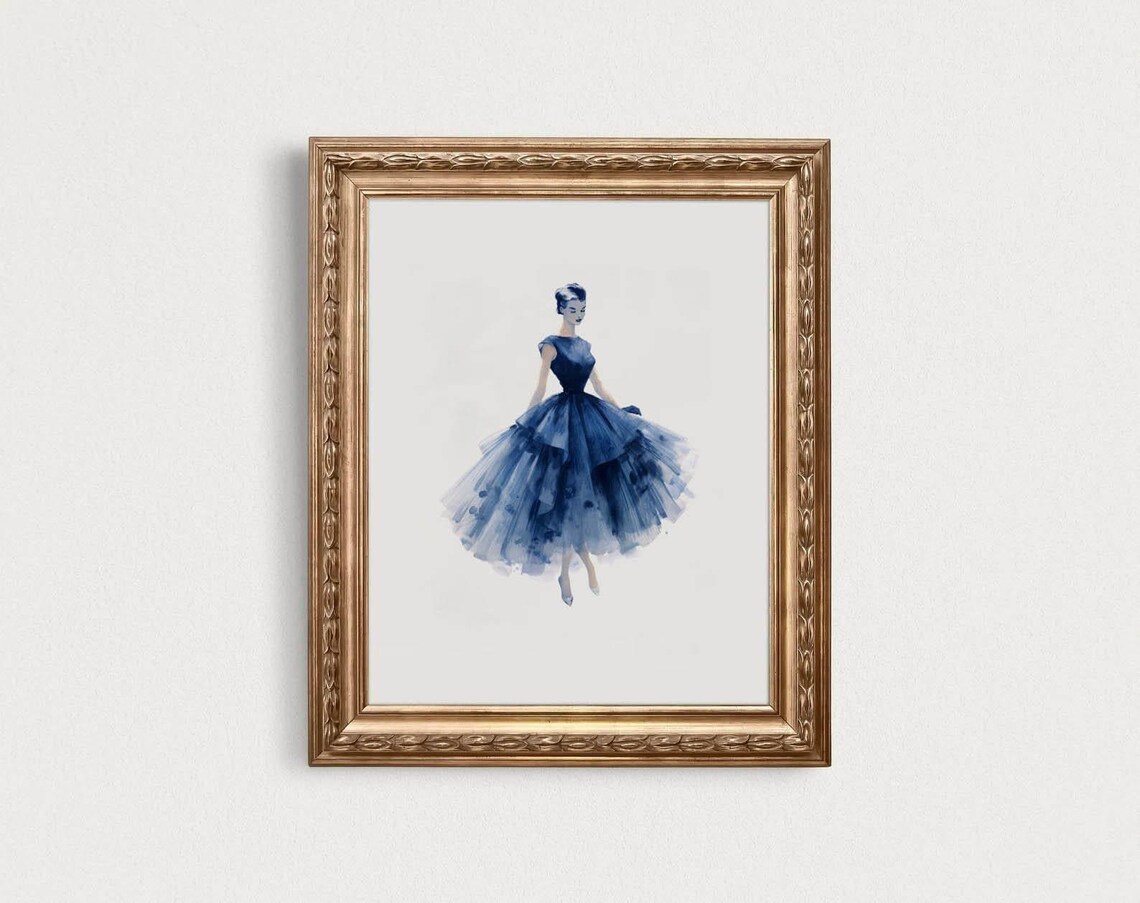 Blue Fashion Illustration Tulle Gown Vintage Glamour Elegant Art Poster
