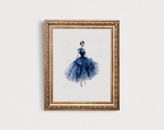 Blue Fashion Illustration Tulle Gown Vintage Glamour Elegant Art Poster