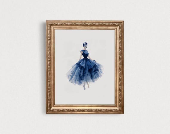 Blue Vintage Fashion Printable Coquette Download Retro Glamour Home Decor Feminine Wall Art Dress Sketch Luxury 0028av