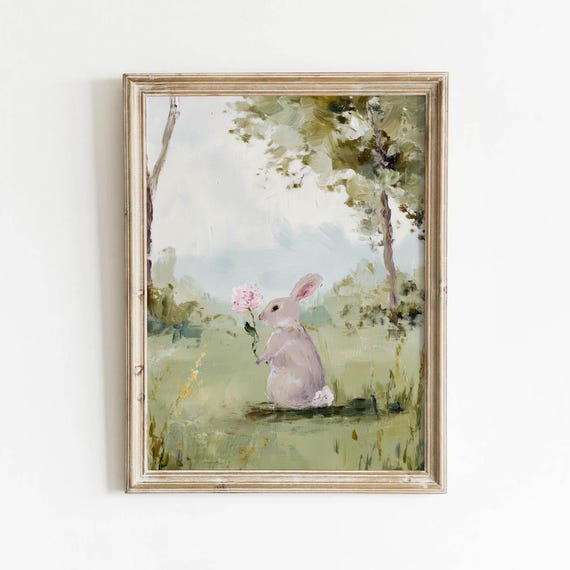 Pastel Rabbit Holding Pink Flower Printable Muted Nursery Wall Art Cottagecore Decor Soft Room Digital Download 0325
