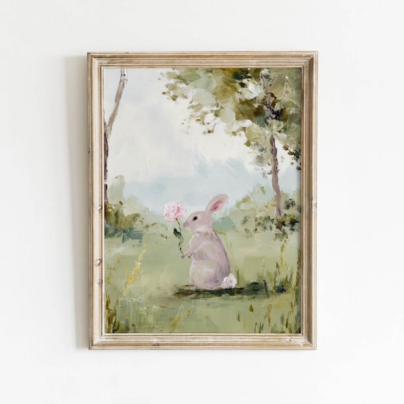 Soft Pastel Rabbit Holding Pink Flower Meadow Oil Painting Poster