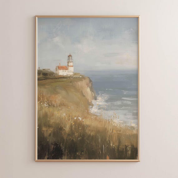 Moody Coastal Lighthouse Poster Print Rustic Vintage Landscape Neutral Blues And Greys Impressionistic Seascape Sea Cliff Art P087