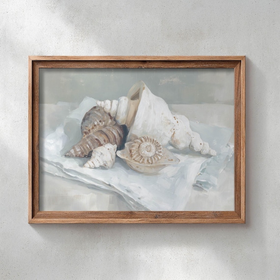 Seashell Still Life White Neutral Beach Coastal Painting Poster