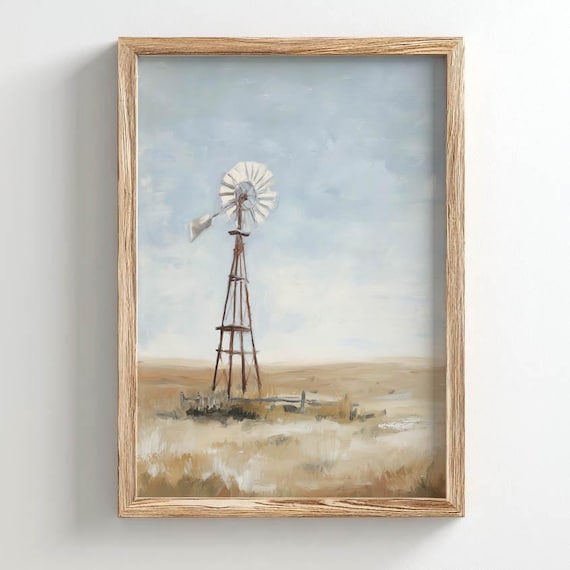 Old Windmill Prairie Landscape Golden Wheat Rustic Farmhouse Poster