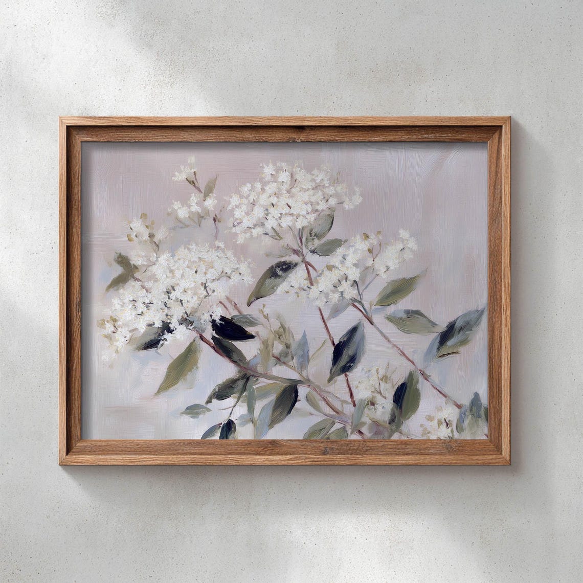White Flowering Branches Sage Leaves Blush Gray Botanical Poster