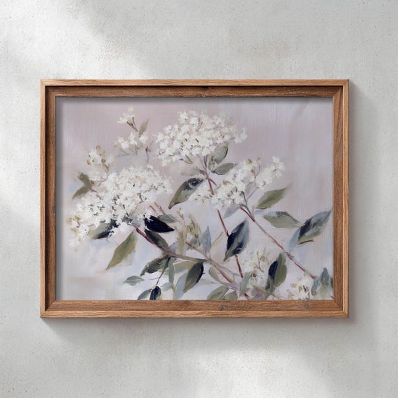 Flowering Branches With Bird White Blossoms Sage Green Leaves Muted Blush Grey Background Vintage Botanical Wall Art Oil Painting 0580