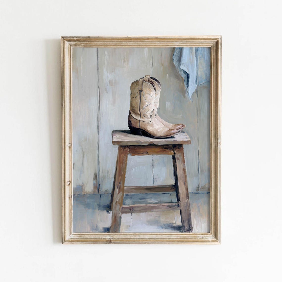 Tan Cowboy Boots on Wooden Stool Rustic Farmhouse Painting Print