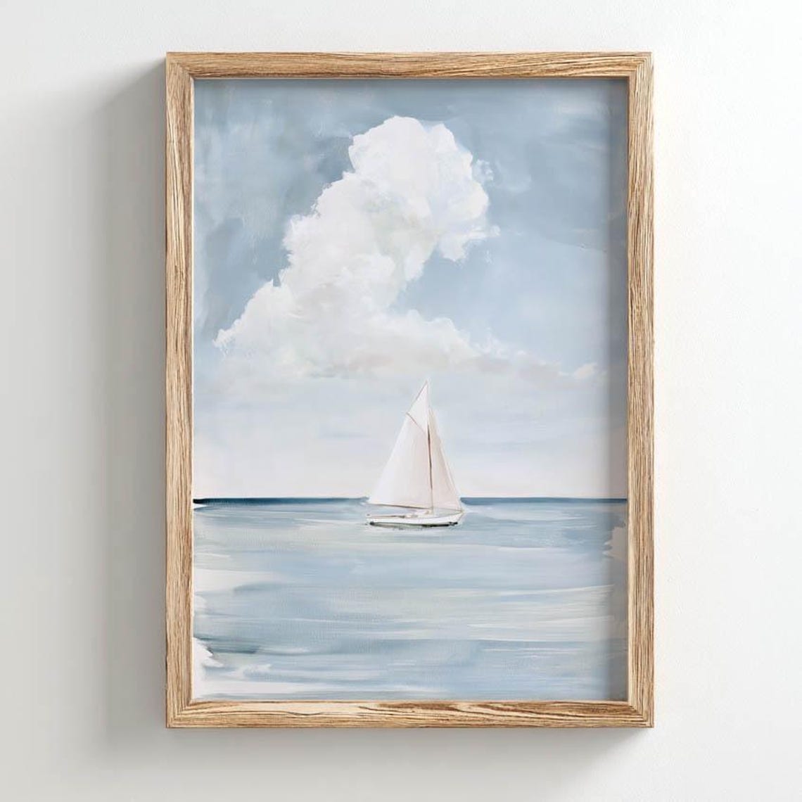 Sailboat Under White Cloud Calm Ocean Serene Nautical Painting Poster