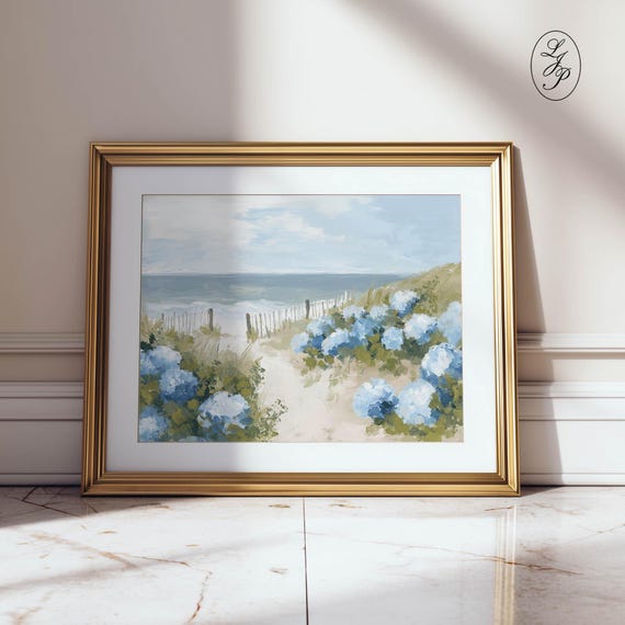 Printed Sandy Beach Path Poster Print Blue Hydrangea Coastal Cottagecore Light Airy Wall Art Decor Calm Style P282